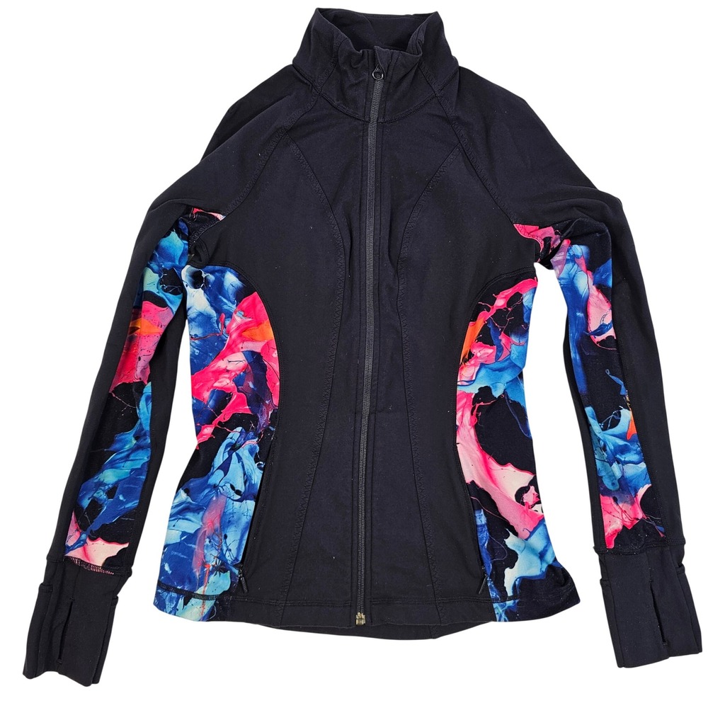 Athleta Womens Full Zip Athletic Jacket Black Abstract Print Thumbholes Small